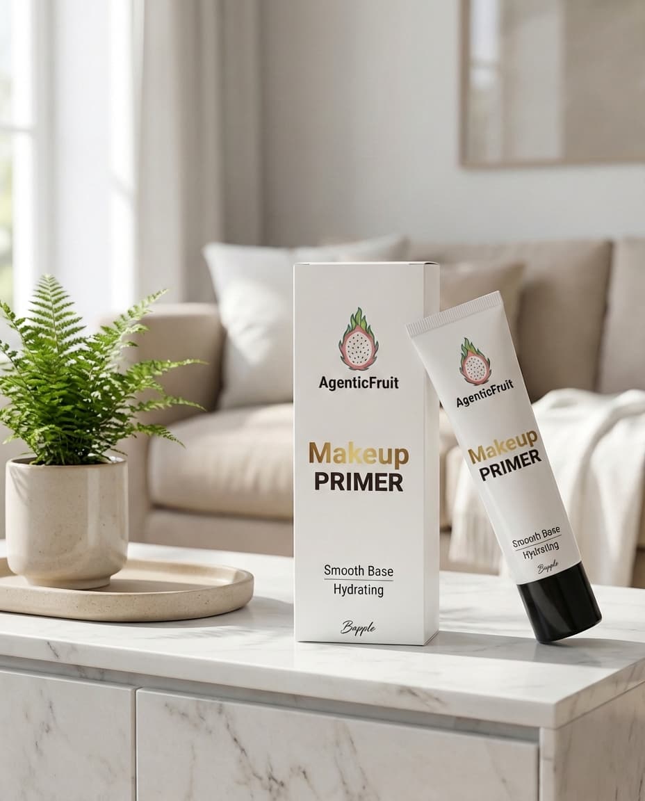 Elegant living room shot featuring @makeup product positioned beside lush indoor plant, natural lighting, warm tones